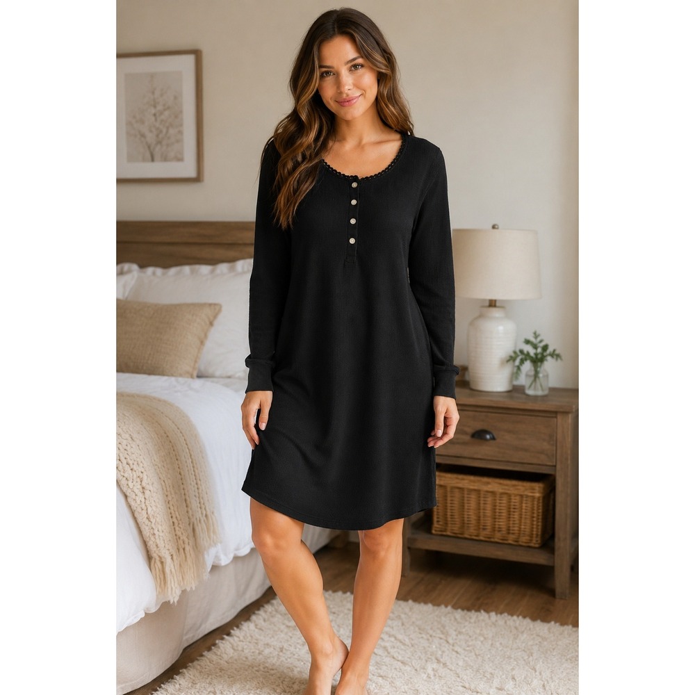 Lauren Ralph Lauren Black Waffle Knit‎ Henley Thermal Nightgown Pajamas XL
